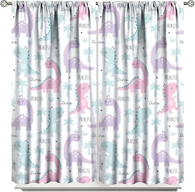Kids Dinosaur Curtains for Boys Girls Bedroom Decor Cartoon Dino Colorful Cute Funny Animal Wildlife Printed Blackout Rod Pocket Window Drapes for Baby Nursery Playroom W27.5xL63in 2 Panels