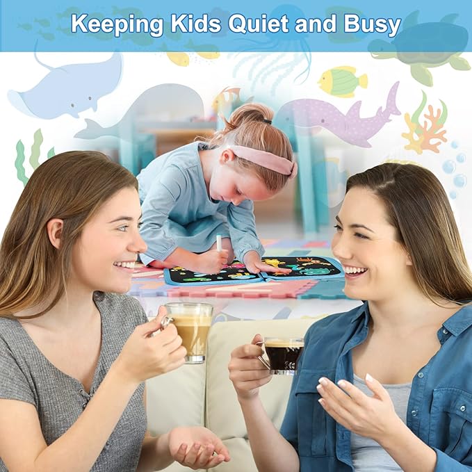 Erasable Doodle Set for Kids - Reusable Magic Drawing Book with 12 Watercolor Pens 14 Page Drawing, Road Trip Car Game Writing Painting Set for Boys and Girls (Fish)