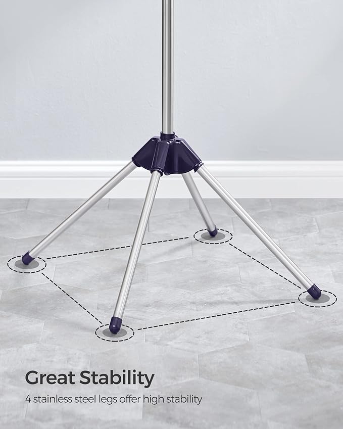 SONGMICS Clothes Drying Rack, 59-Inch High Folding Laundry Drying Rack with 3 Rotatable Arms for Hangers, 4 Legs, Stainless Steel, for 27 Pieces of Clothes, Blue and Silver ULLR510Q01