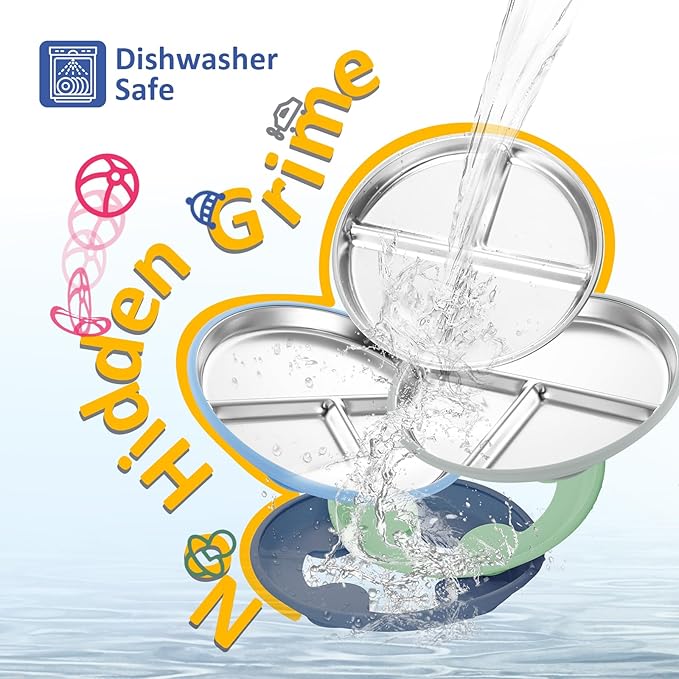 Stainless Steel Suction Plates for Toddlers, 9" Divided Kids Baby Plates with Removable Silicone Suction, Non Toxic Non Slip Portion Control Snack Dishes 4 Packs, Blue Gray Navy Sage