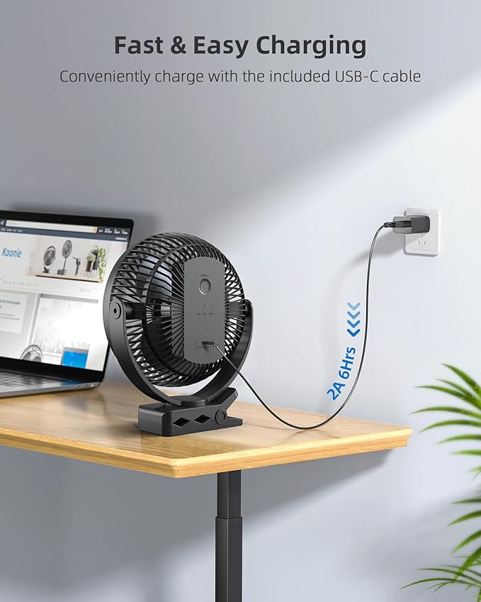 Koonie 10000mAh Clip on Fan Rechargeable, 8-Inch Battery Operated Desk Fan, USB Fan, 4 Speeds, Strong Airflow, Sturdy Clamp for Golf Cart Office Desk Outdoor Travel Camping Tent Gym Treadmill,Black