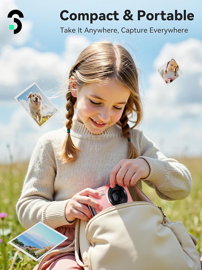 SOOMFON Digital Camera - Max 72MP Point and Shoot Kids Cameras with 16X Zoom, 32G TF Card, 2 Batteries and Card Reader, Compact Pink Digital Camera for Kids Teens Beginners