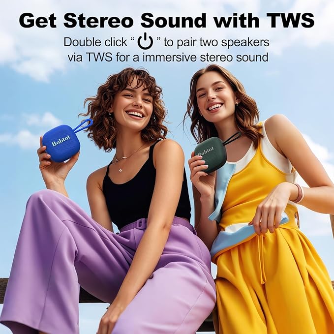 Bobtot Portable Wireless Bluetooth Speakers - IPX7 Waterproof Small Shower Speaker with 16 Hours Playtime, Loud Stereo Sound, Built-in Mic, TWS, Mini Size with Carry Lanyard for Outdoor, Blue
