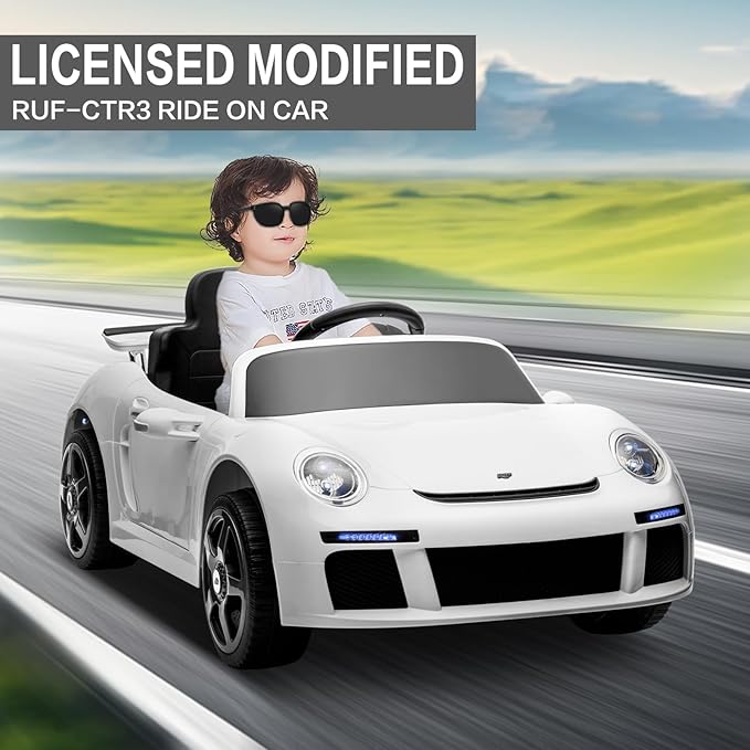 Licensed RUF CTR3 12V Kids Electric Car with Parent Remote Control, 2 Motors, 3 Speeds, LED Lights, MP3 Player | Battery Powered Ride-On Toy for Kids to Drive - White