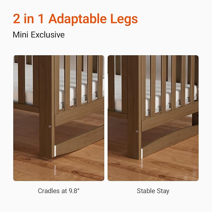 EvoNest Baby Crib, 11 in 1 Convertible Mini Crib with Wheels, 100% New Zealand Wood Growing Bed, 4 Adjustable Mattress Height ,Walnut Brown