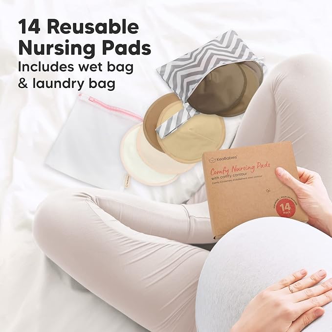 Organic Nursing Pads - 14 Washable Viscose Derived from Bamboo Breastfeeding Pads, Wash Bag, Reusable Breast Pads for Breastfeeding, Nipple Pads for Breastfeeding Essentials(Coffee, L 4.8")