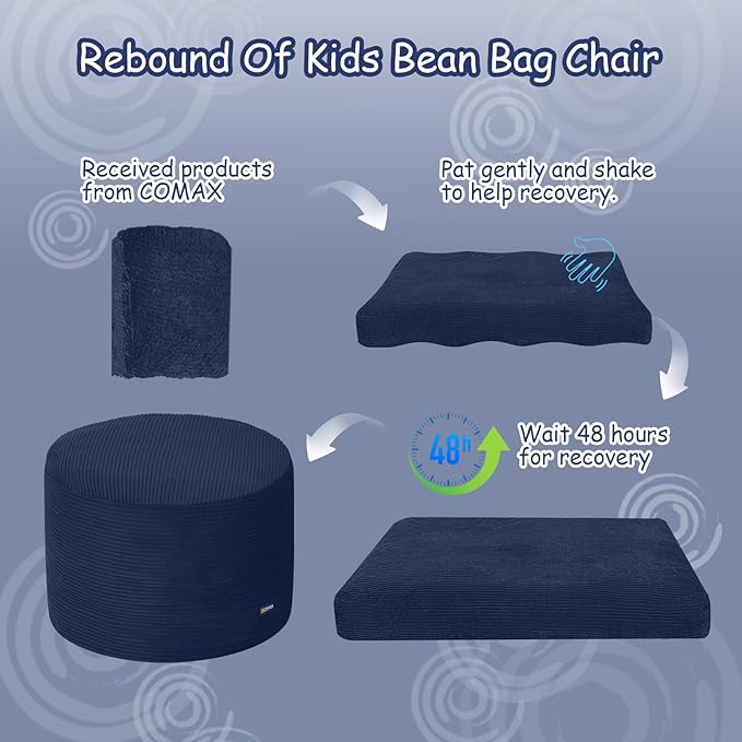 COMAX Kids Bean Bag Chair Turn into Beanbag Bed, Toddler Bean Chair Corduroy for Girl Boy Sleeping, Lazy Children Bean Bags with Filler, Convertible Child Floor Mattress, Dark Blue