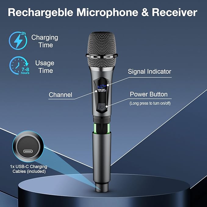 Wireless Microphone,Professional Dual Handheld Cordless Dynamic Mic System with Rechargeable Receiver,Karaoke Microphone Set for Singing, Karaoke, Wedding, DJ, Party, Speech,Church,Class Use,PA System