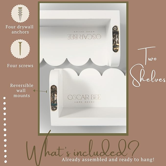 White Floating Cloud Shelves โ Set of 2 Scalloped Wooden White Floating Cloud Shelves for Wall, Pre-Assembled Nursery Bookshelves for Baby, Toddler & Kids Room, Montessori Wall Shelf Display