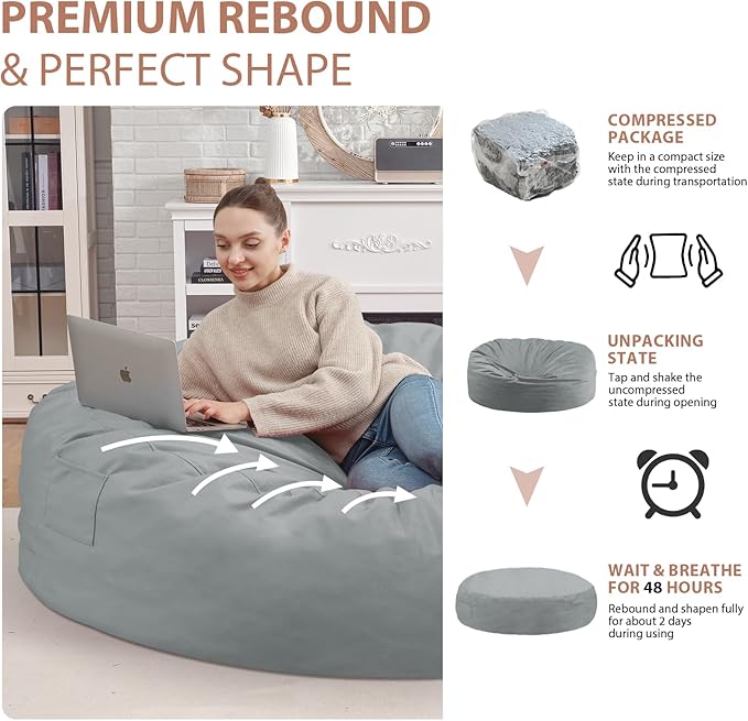 7FT Bean Bag Chair, Large Bean Bag Chairs with Memory Foam Filled, Fluffy Beanbag Sofa with Dutch Velvet Cover, Round BeanBag Chairs for Living Room, Playroom - Light Grey