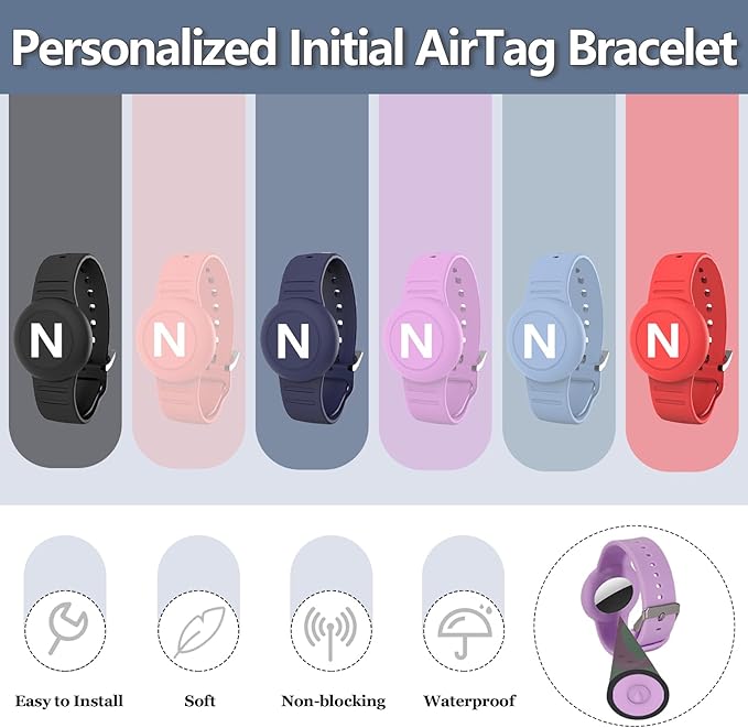 Waterproof Bracelet for AirTag Kids, Personalized Initial Letter Hidden Holder Compatible with Air Tag, Silicone Case for Airtag Adjustable Anti-Lost GPS Tracker for Toddler Child Elder, N