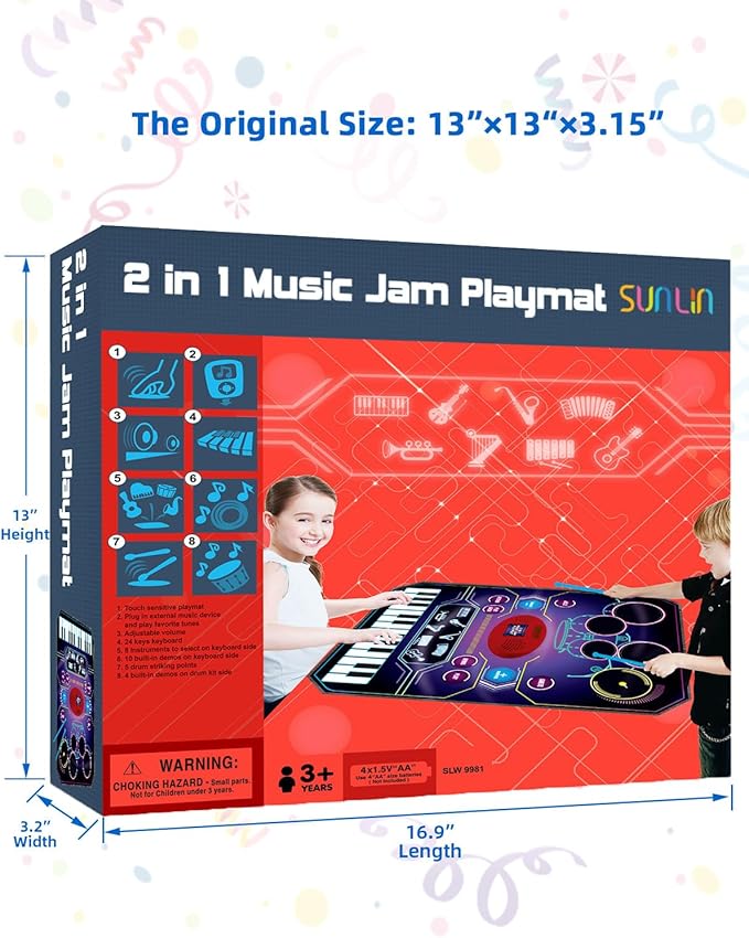 SUNLIN 2-in-1 Music Jam Mat, Music Learning Toy for Boys Girls 3-6, Drum Set + Piano Mat, Toddler Birthday Gift 3 4 5 6 Years, Record & Playback, Built-in Songs, 8 Instrument Sounds, Volume Control