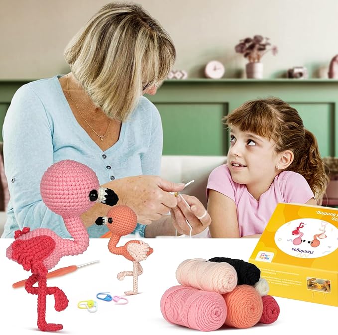 MOREJMTT Crochet Kit for Beginners Animal,Crochet Animal Kits,Crocheting Kit for Starters,Learn to Crochet with Step-by-Step Video Tutorials,Beginner Crochet Kits for Adults(Flamingo)