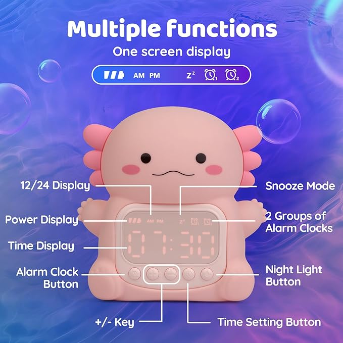 Axolotl Alarm Clock with Night Light for Kids, Rechargeable Silicone Lamp Time to Wake Clock,Cute Animal Tabletop Lamp, Perfect Sleep Companion for Boys Girls