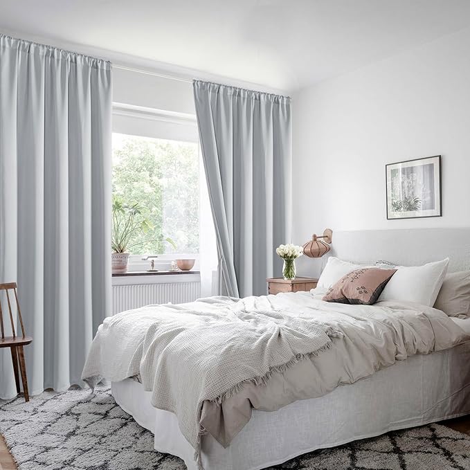 XWZO 100% Blackout Curtains with Tiebacks- 2 Thick Layers Completely Shaded Window Treatment Thermal Insulated Lined Drapes for Bedroom/Laundry, Rod Pocket, Light Grey, W52 x L84, Set of 2 Panels