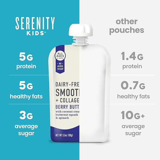 Serenity Kids 6+ Months Dairy-Free Smoothie Baby Food | USDA Organic | Grass Fed Collagen Protein | 3.5 Ounce BPA-Free Pouch | Berry Butternut | 12 Count