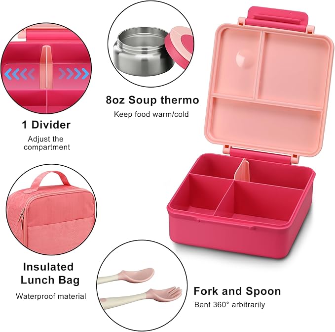 Bento Lunch Box for Kids with 8oz Soup Thermo&Lunch Bag, Leak-Proof Lunch Food Containers with 4 Compartment, Hot Food Insulated Food Jar for Kids School (Pink)