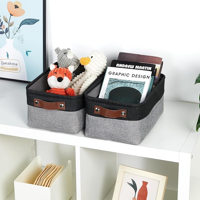 DULLEMELO Small Storage Baskets for Organizing - 11.8x7.9x5.1 inch Collapsible Storage Bins Set of 2 cloth storage bins for organizing Books and towel storage (Black&Grey)