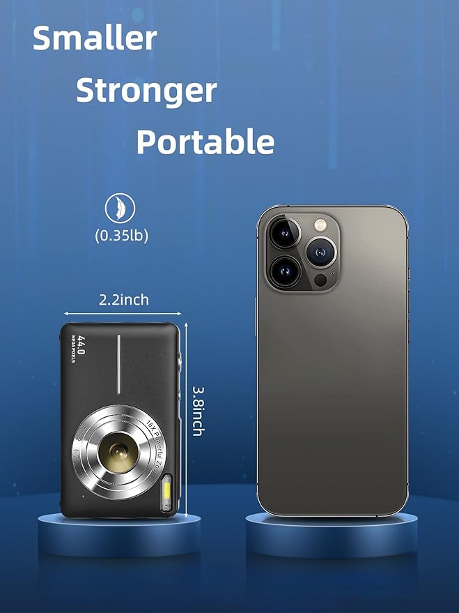 Digital Camera, Camkory FHD 1080P Kids Camera 44MP Point and Shoot Digital Cameras with 32GB SD Card, 16X Zoom, Two Batteries, Lanyard, Compact Small Camera for Kids Boys Girls