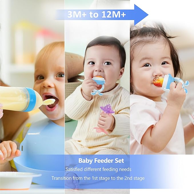 WAJIAYON Baby Fruit Feeder Pacifier | 2 Infant Food Feeder Pacifier & 2 Baby Food Dispensing Spoon | Fresh Fruit Teethers for Babies | Silicone Feeder Babies,Infant Teething Feeders (Blue-Rabbit)