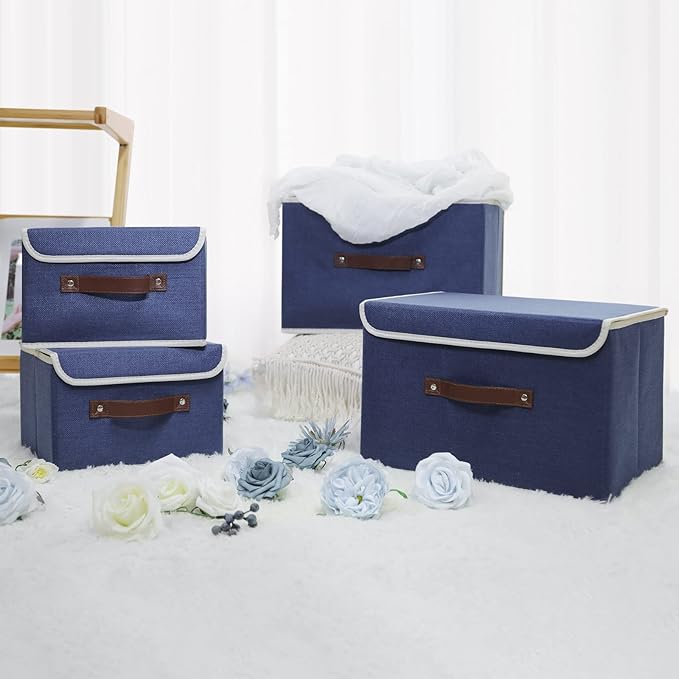 ANMINY Storage Bin with Lid Storage Boxes with PU Leather Handles PP Plastic Board Decorative Foldable Lidded Cotton Linen Fabric Home Cubes Baskets Closet Organizer Container - Blue, Small Size
