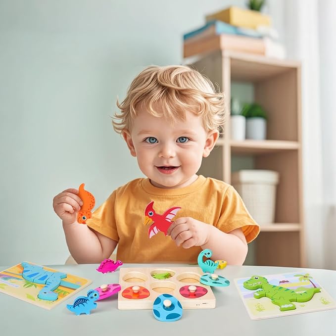 Toddler Dinosaur Puzzle with Eggs - Montessori Wooden Puzzles for 1-4 Year Olds