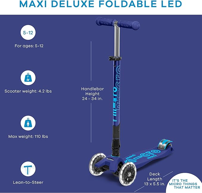 Micro Kickboard - Maxi Deluxe Foldable LED - Three Wheeled, Lean-to-Steer, Fold-to-Carry Swiss-Designed Micro Scooter for Kids with Motion-Activated Light-Up Wheels for Ages 5-12