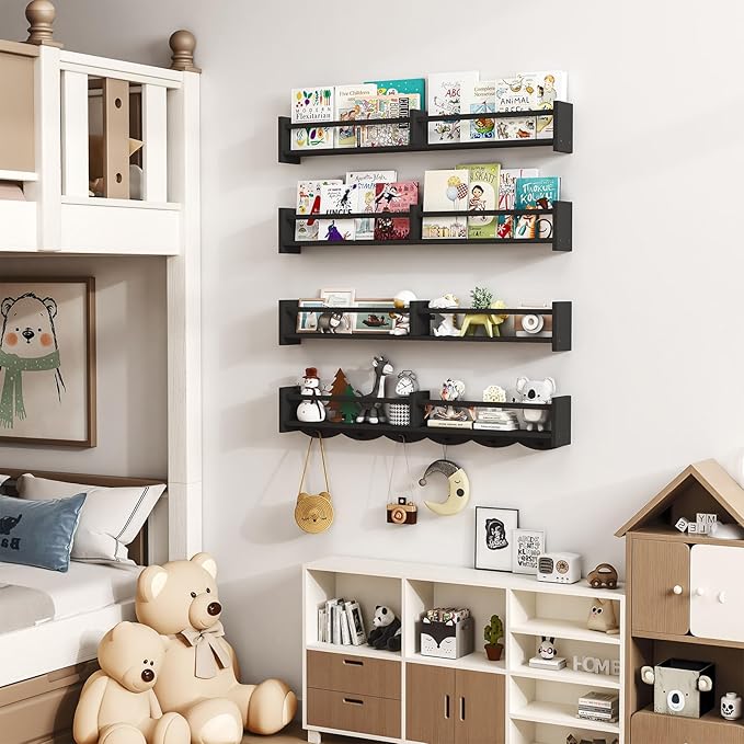 34Inch Nursery Bookshelves,Set of 4,Wall Floating Shelf Kids Coat Rack with 6Hooks,Hanging Book Shelf for Baby Nursery Room Décor ,Patent Number: 29958098(Black, 34)