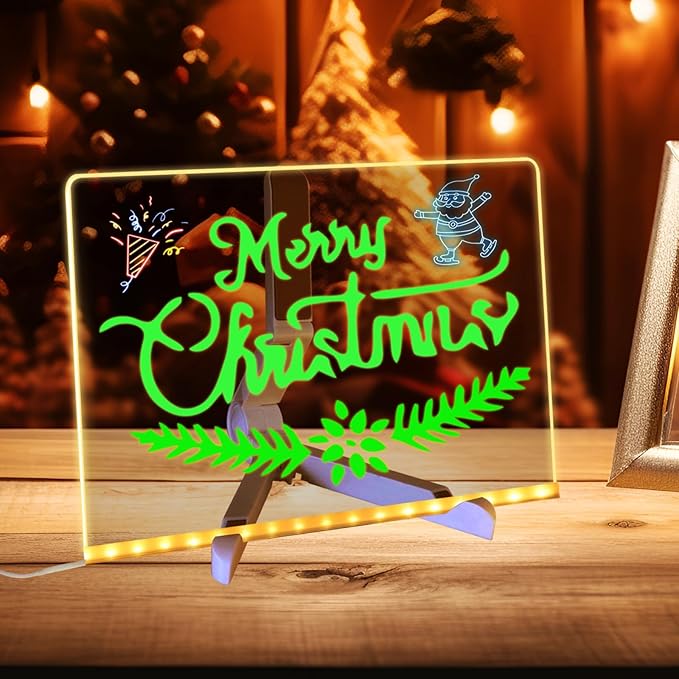 LED Acrylic Message Board, Light Up Acrylic Dry Erase Board 7.9x7.9” with Stand, LED Note Board with Colors for Kids, Glow Memo Message Writing Board with Light, Drawing Stencils Set Included