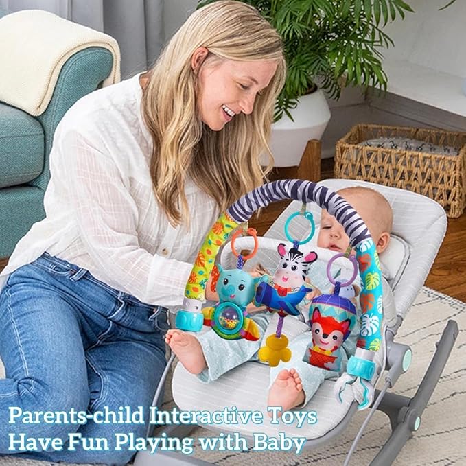 Baby Stroller Arch Mobile With Universal Clamps - Clip-On Activity Bar for Bassinet, Bouncer, Crib, Car Seat - Musical Infant Toys With Elephant Squeaker and Zebra Rattle