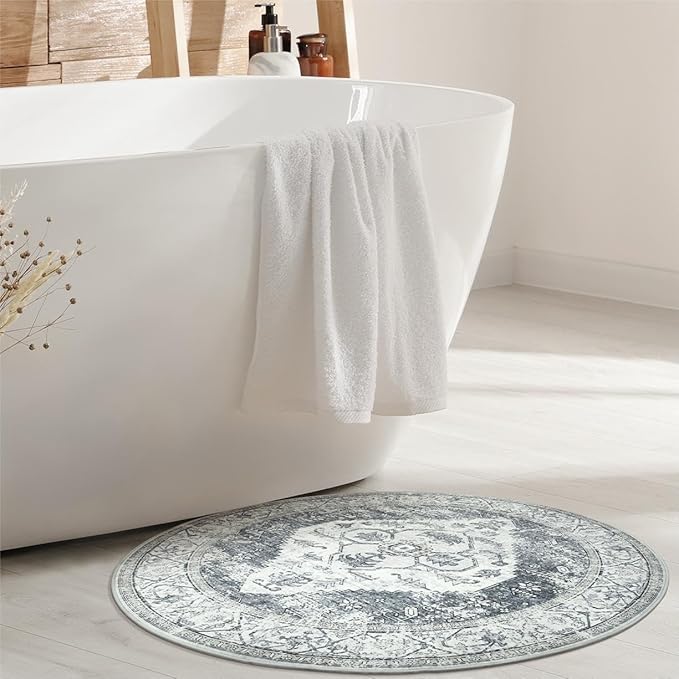 Lahome Boho Round Area Rug - 3Ft Round Rug Non-Slip Washable Bathroom Rug Low-Pile Throw Small Circle Carpet for Bedroom, Oriental Distressed Print Grey Round Mat for Entryway Sofa Kitchen Office