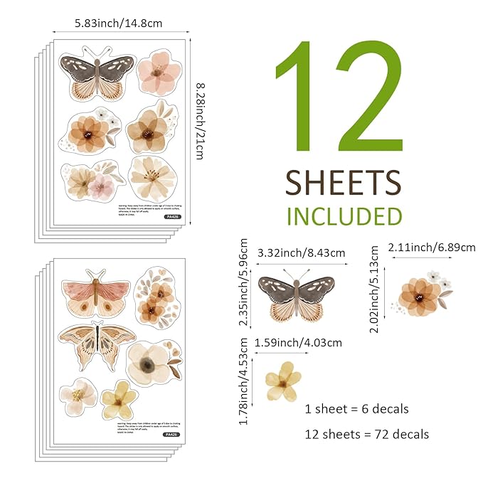 YouRfocus Butterfly and Flower Wall Decals – 72 Decals, Removable Floral Wall Stickers for Bedroom, Nursery, Girls Room, Boho Nature Decor, Reusable Home Decoration (12 Sheets)