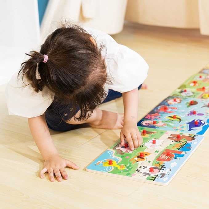 Peg Puzzle Set of 4 (32 pcs), Wooden Knob Puzzles for Toddlers Ages 1-3, Farm Zoo,Forest Animals, Pets, Sea Ocean Animals, Preschool Educational Cognitive Gifts