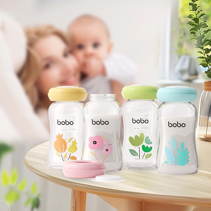 YOHKOH Glass Breast Milk Storage Bottles - 100% Leak-Proof, BPA-Free Breastmilk Storage Containers, Freezer & Dishwasher Safe, Ideal for Nursing Mothers (Blue, 5.4oz (Pack of 6))