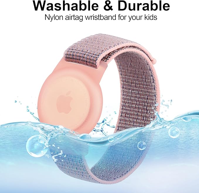 Kids Wristband Protective Case Compatible with Apple AirTag, Adjustable Nylon Bracelet for Air Tag GPS Tracker Holder with Anti Lost Watchband for Toddler Child Kids (Pink+Grey)