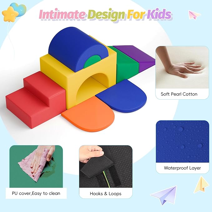 Soft Climbing Toys for Toddlers, 7-Piece Baby Soft Foam Climbing Blocks, PU Leather Gym Climb and Crawl Activity Play Set, Indoor Climbing Toys for Kids and Children, Classic