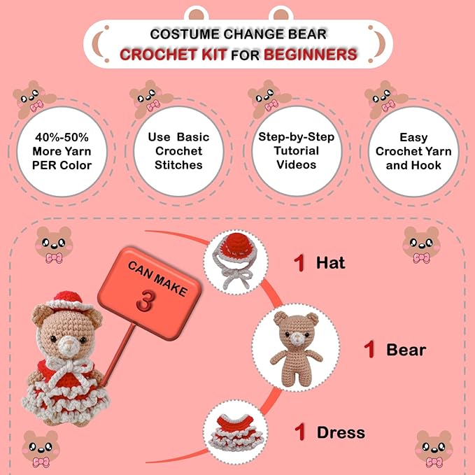 LoopMap Crochet Kit for Beginners - DIY Amigurumi Bear with Removable Dress & Accessories - Step-by-Step Video Tutorials, Extra Yarn, Crochet Tools, Handmade Gift for Kids & Adults (Bear K02, red)