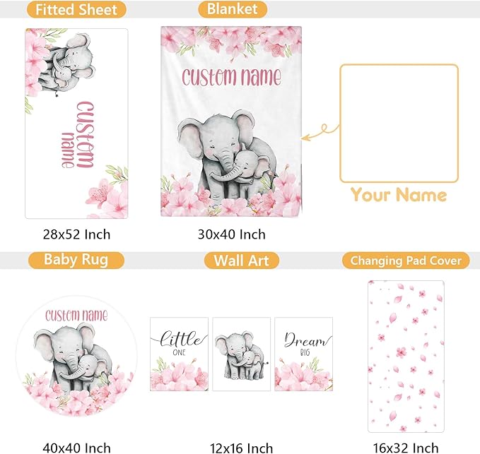 Personalized Crib Bedding Set, 5 Pcs Custom Nursery Bedding Sets with Name, Infant Bedding Set for Baby Girls, Pink Elephant Double Layer Baby Crib Set, Babies Toddlers Kids Customized Gifts