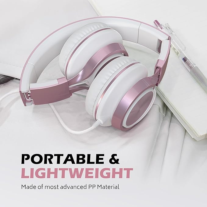 AILIHEN C8 Girls Headphones, On-Ear Headphones Wired with Microphone and Volume Control Foldable Corded Stereo 3.5mm Headset for Girls School Chromebook Laptop Computer PC Tablets Travel (Rose Gold)