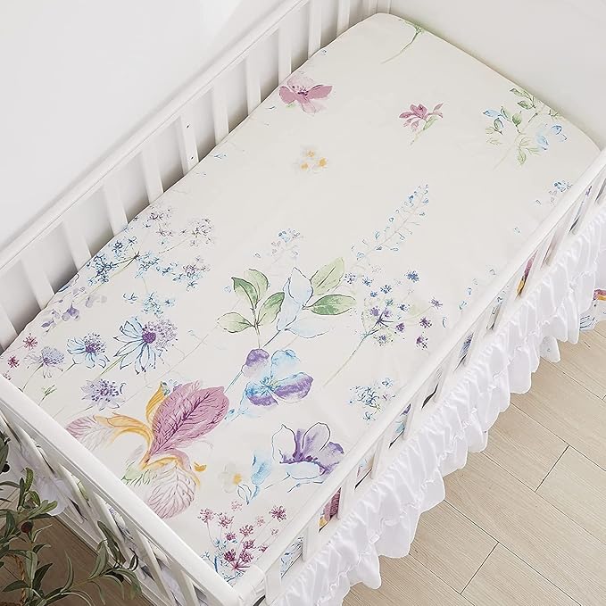 Brandream Wildflower Butterfly Crib Bedding Sets for Girls Farmhouse Baby Nursery Bedding Blanket Set Romantic Purple White, 6 Pieces