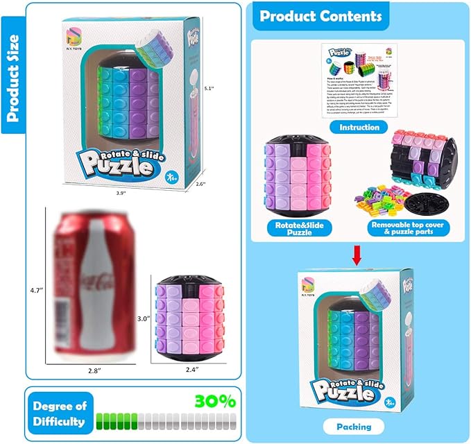R.Y.TOYS Rotate and Slide Puzzle-Design Patent,Fidget Toys(Restore/Create)-12 Colors,5 Layers-Open Cover for Quick Play,Brain Teaser,Sensory Toys,Stocking Stuffers,Easter Basket Stuffers Essentials