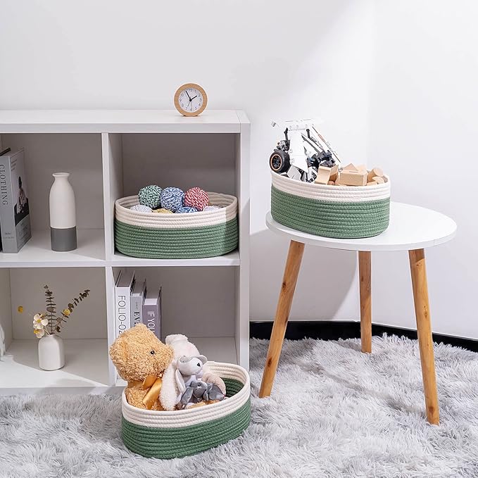 Shelf Storage Baskets for Organizing|Cute Basket for Closet&Blanket Storage|Small Woven Baskets to Store Toys,Books,etc.-13x8.66x5.11’’ Cotton Rope,Stylish,Oval 3 Packs Off White&Green
