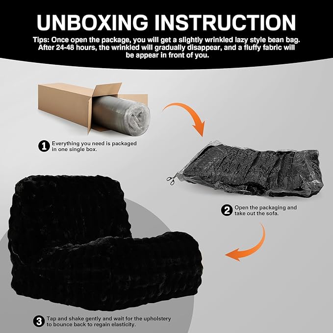 Modern Bean Bag Chair, Large Bean Bag Couch for Adults with Memory Foam Filled, Soft Faux Bunny Fur Lazy Chair for Living Room Bedroom Dorm Apartment, No Assembly Required, Black