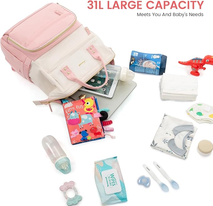 LOVEVOOK Diaper Bag Backpack, Baby Bag with Changing Station, Large Diaper Backpack for Moms Dads, Waterproof Leather Accents Baby Boy and Girl Bag for Travel Baby Essentials, Pink-Beige