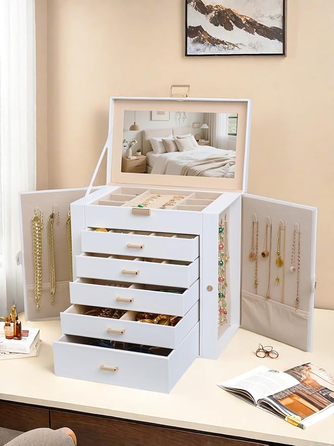 BOOVO Jewelry Box For women, 6 Layer Large Jewelry Organizer With Mirror, Multi-Function Storage Box With Lock, Necklace Holder With 5 Drawers, For Earrings Necklace Bracelet (White and Gold)