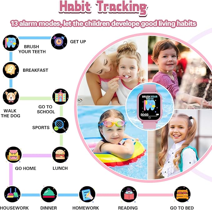 Kids Smart Watch Gift for Girls Ages 3-12, IP67 Waterproof, 32 Puzzle Games, HD Touchscreen Dual Camera Vedio Pedometer Music Player, Kids Watch Toy Birthday Gifts for Girls Ages 5 6 7 8 9 10 (Pink)