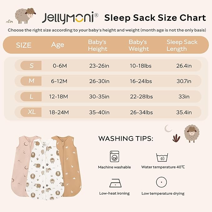 JELLYMONI Baby Sleep Sack 6-12 Months, 100% Cotton 3 Pack 0.5 TOG Baby Wearable Blanket Infant Sleep Sack with 2-Way Zipper Newborn Sleep Sacks