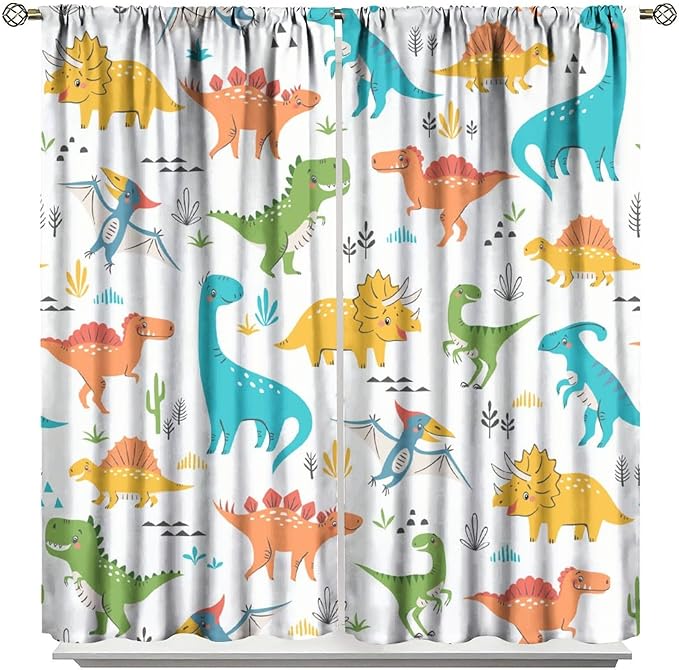 Kids Dinosaur Curtains for Boy Girl Bedroom Decor Cartoon Dino Colorful Cute Funny Animal Wildlife Printed Blackout Rod Pocket Window Drapes for Baby Nursery Playroom Living Room W42xL84in 2 Panels