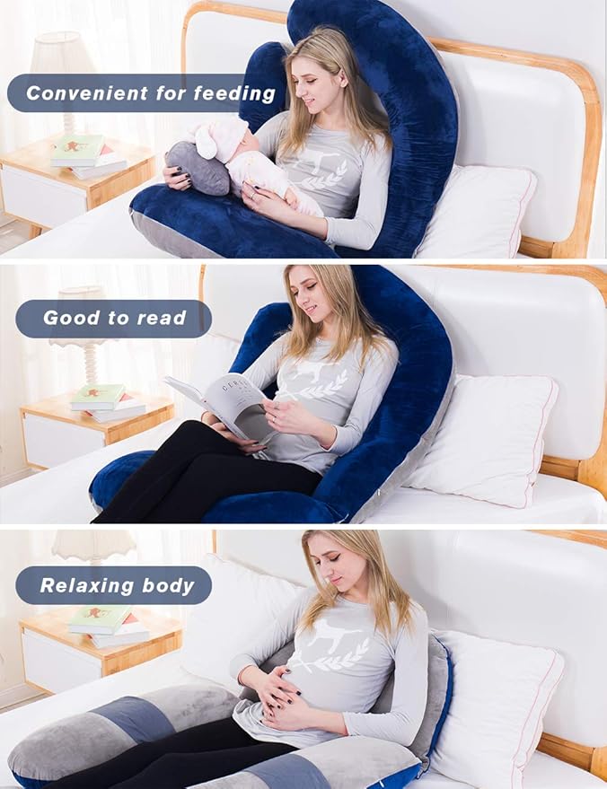 60in Full Body Pillow | Nursing, Maternity and Pregnancy Body Pillow | Awesling Extra Large U Shape Pillow and Lounger with Detachable Side, Separate Support Pillow and Removable Cover (Grey Blue)