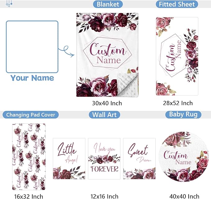 Personalized Crib Bedding Set for Girls, 5 Pcs Nursery Bedding Crib Sets, Soft Custom Flowers Baby Crib Set with Name, Double Layer Baby Bedding Set Customized Gifts for Infants Toddlers Kids
